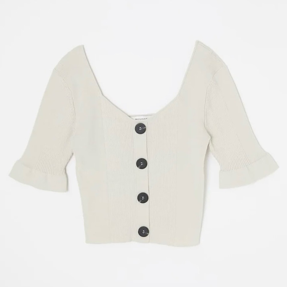 Moussy Front Button Crop Knit‎ Top Ivory Bone White F One Size OS